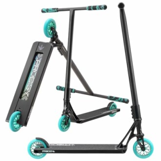 Black and teal stunt scooter with handlebar and wheels.