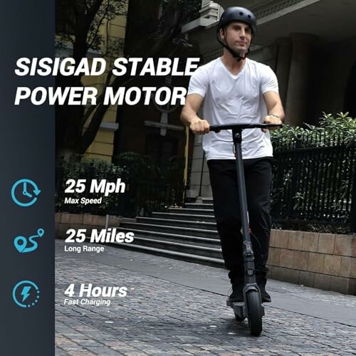 Person riding an electric scooter with specifications: 25 mph max speed, 25 miles range, 4 hours charging.