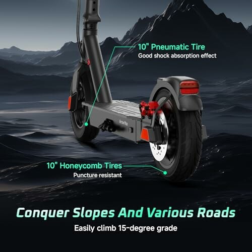 Electric scooter with 10-inch pneumatic and honeycomb tires, suitable for slopes.
