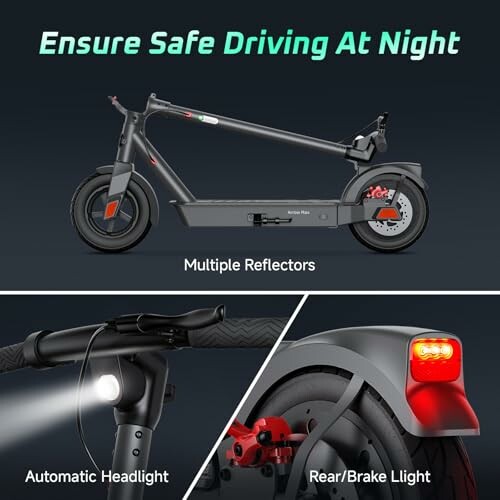 Electric scooter with night safety features like reflectors, automatic headlight, and rear brake light.