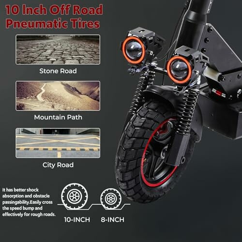 Electric scooter with 10 inch off-road pneumatic tires, suitable for stone roads, mountain paths, and city roads.