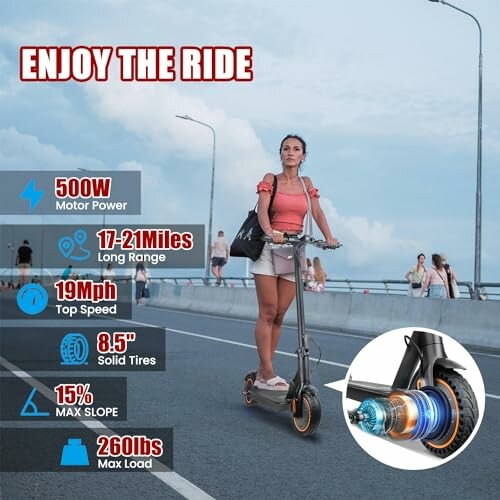 Woman riding an electric scooter on a bridge with performance specifications displayed.