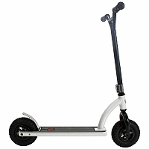 Side view of a black and white electric scooter.