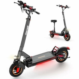 Two electric scooters with seats, side and front view.