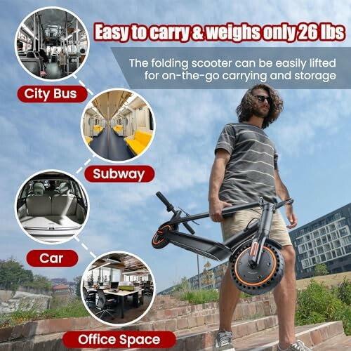 Man carrying a folding scooter, highlighting portability for city bus, subway, car, and office space.